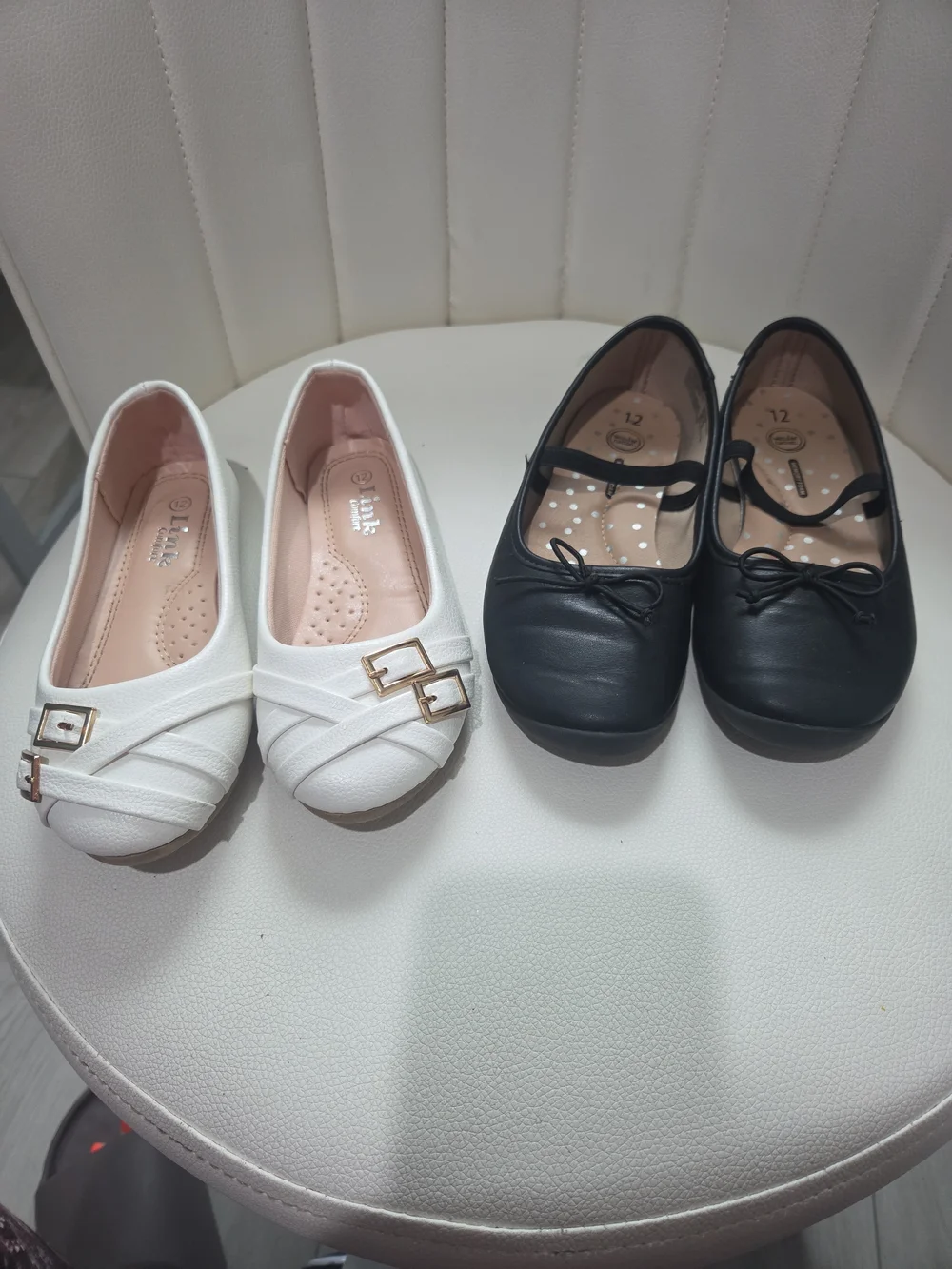 Girls Dress Ballet Flats with Decorative Buckles and Bow in White & Black